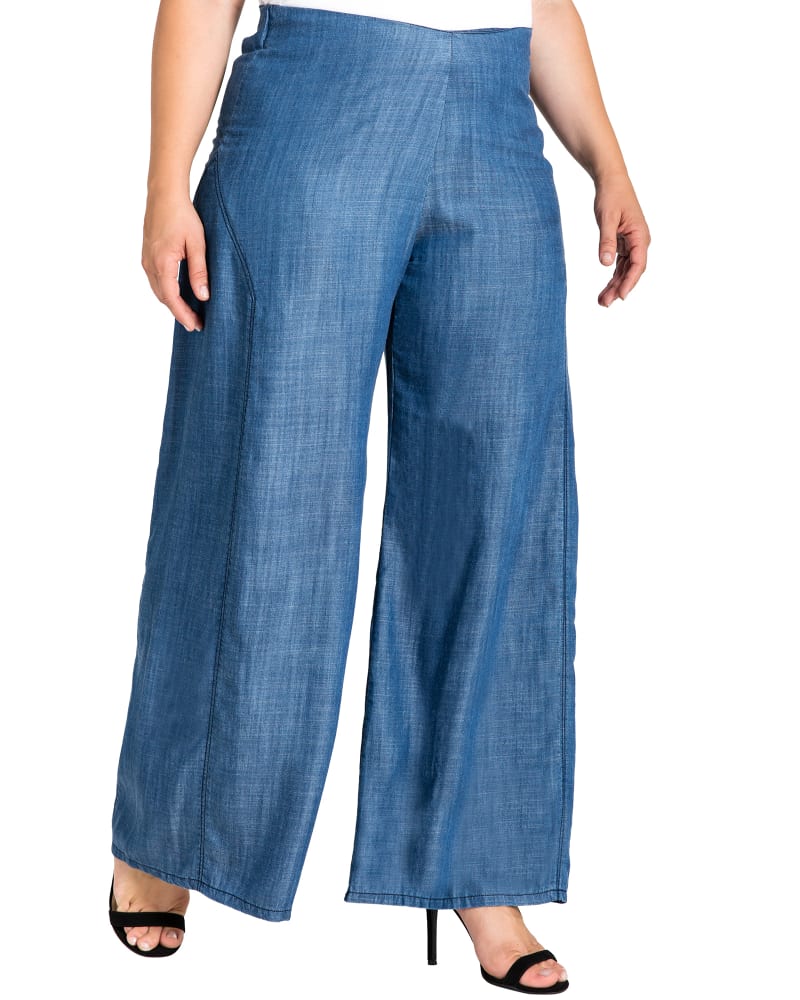 Front of a model wearing a size 1X Stella Wide Leg Denim Palazzo Pants in Blue 2988 by Standards & Practices. | dia_product_style_image_id:275765